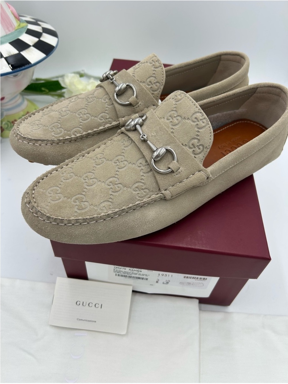 SOLD !!!!!! Men’s Gucci GG embossed oatmeal suede   loafers size 10 fits 10.5 US - Picture 5 of 10